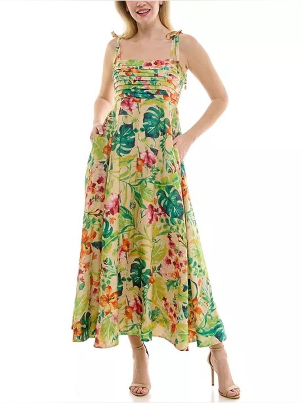 NWT - TAYLOR Tropical Pleated Square Neck A-Line Dress